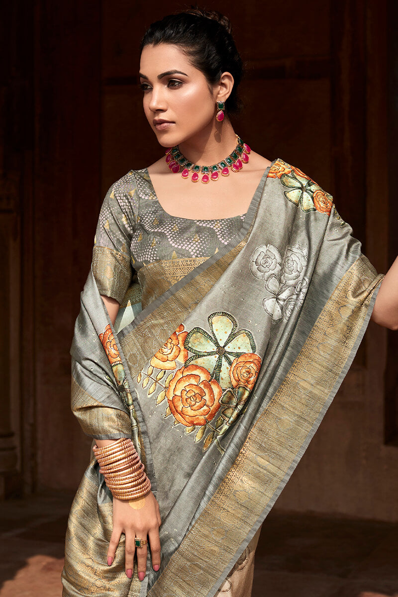 Ash Grey Printed Silk Saree