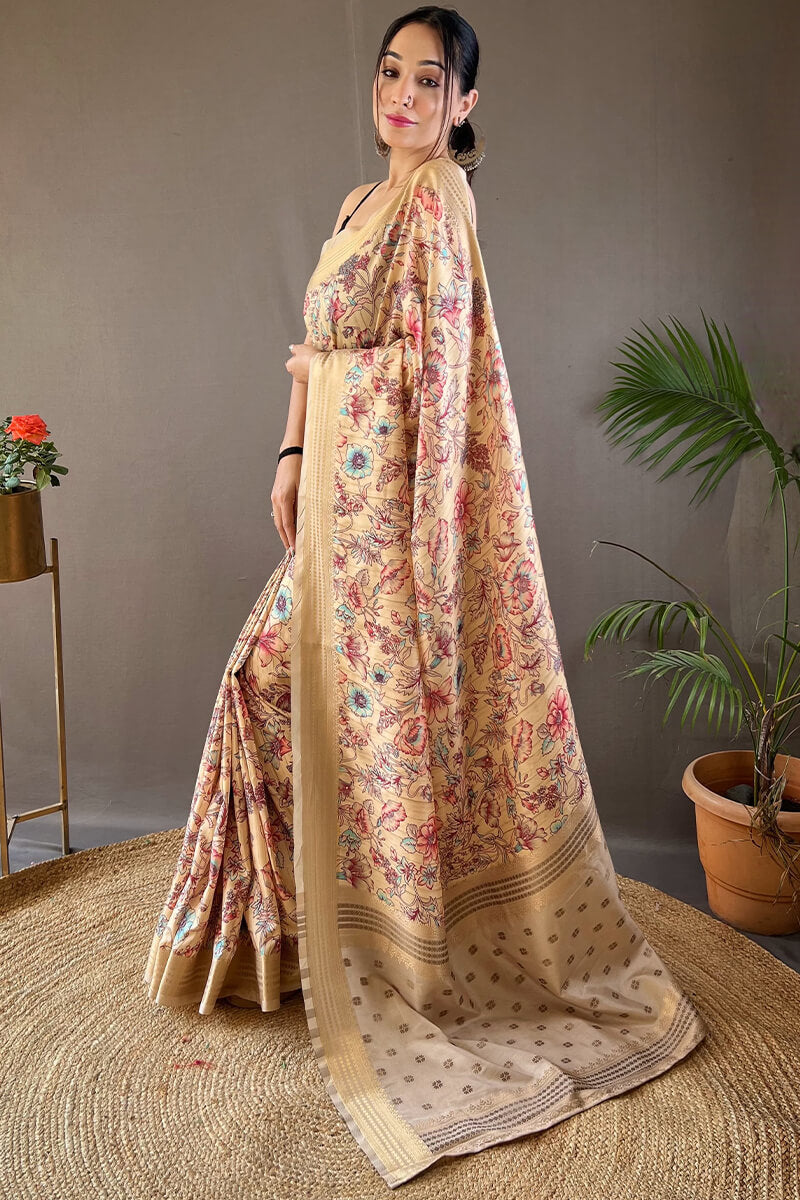 Astra Beige Printed Soft Silk Saree