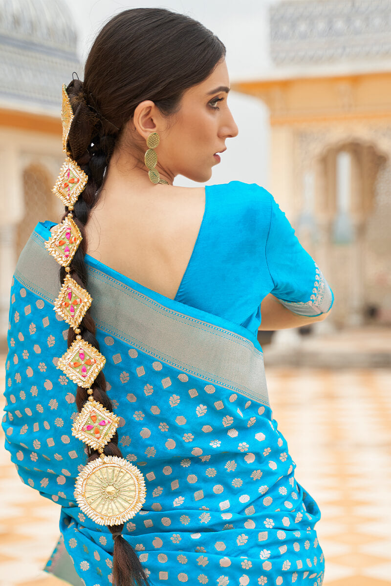 Azure Blue Zari Woven Banarasi Silk Saree