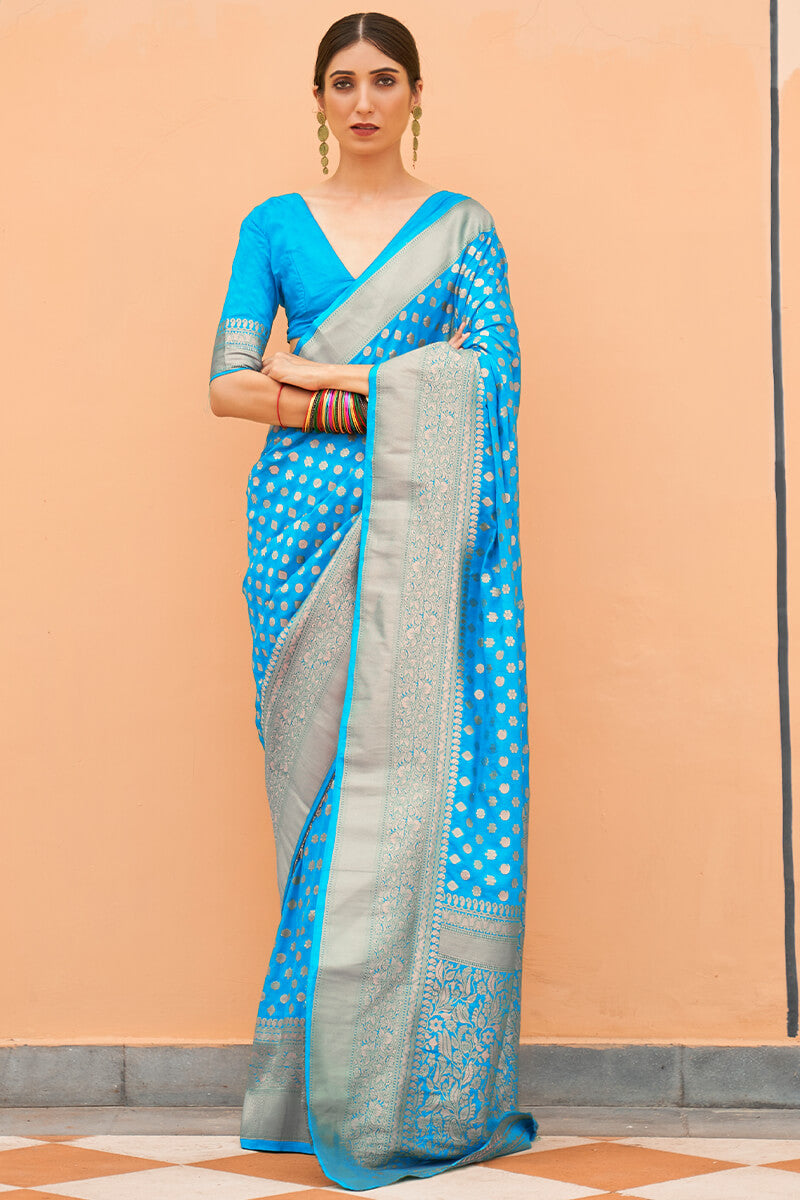 Azure Blue Zari Woven Banarasi Silk Saree