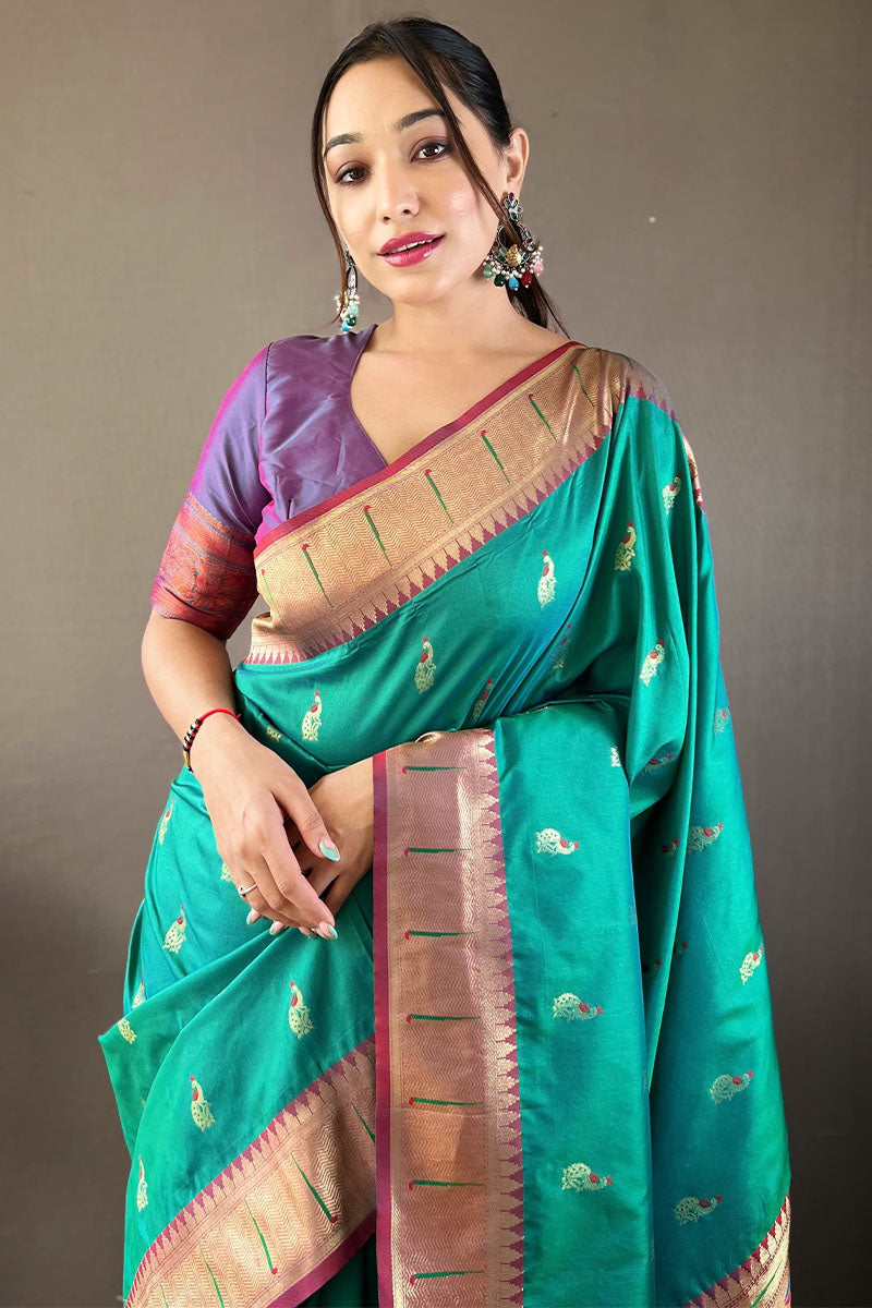 Azure Turquoise Zari Woven Paithani Silk Saree