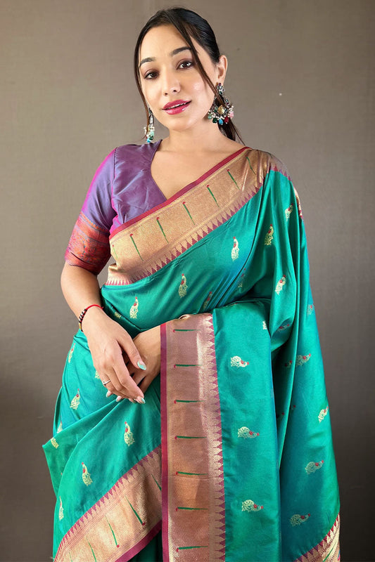 Azure Turquoise Zari Woven Paithani Silk Saree