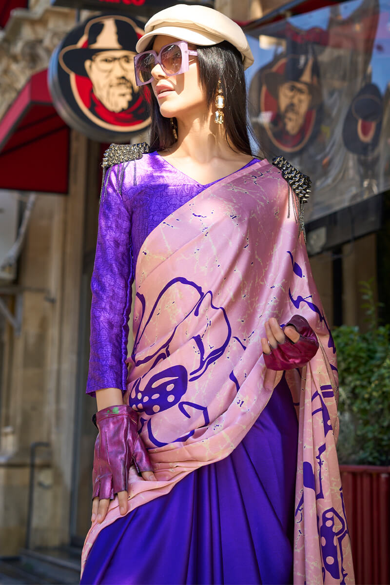 Baby Pink and Blue Printed Satin Silk Saree