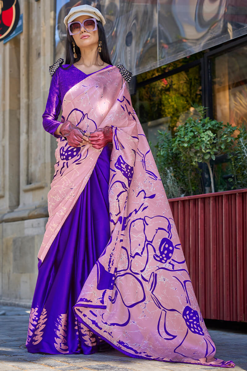 Baby Pink and Blue Printed Satin Silk Saree