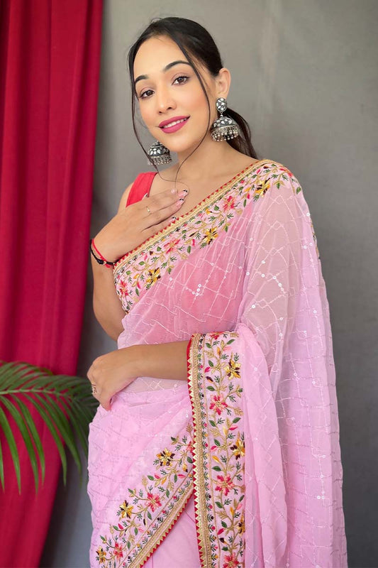 Baby Pink Embroidered Sequence Work Georgette Saree