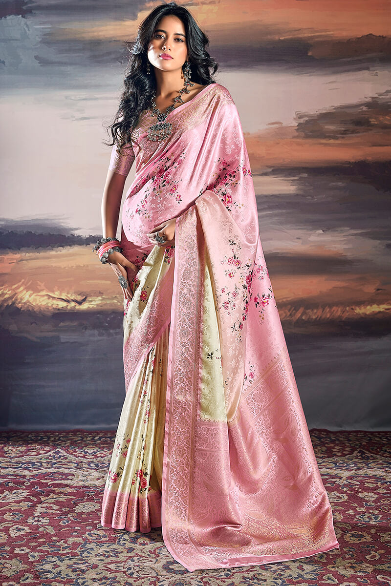 Baby Pink Floral Printed Satin Silk Saree