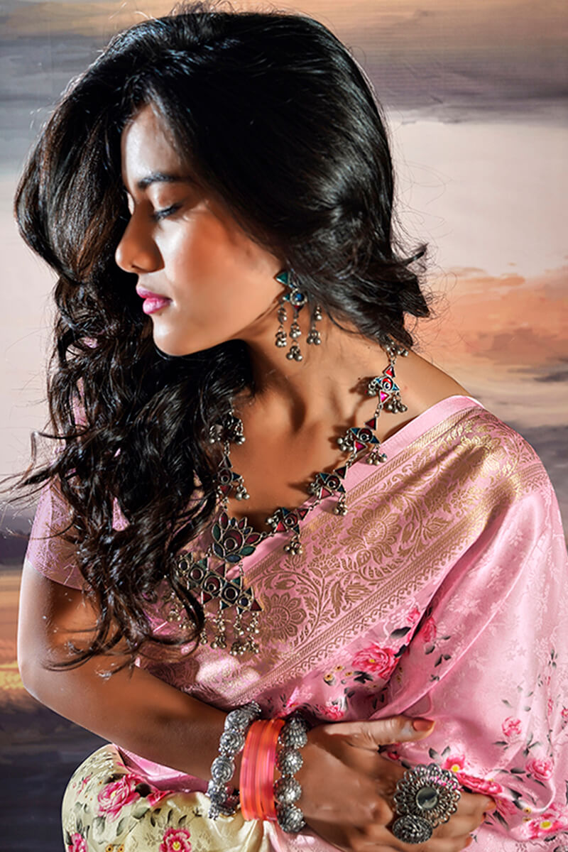 Baby Pink Floral Printed Satin Silk Saree