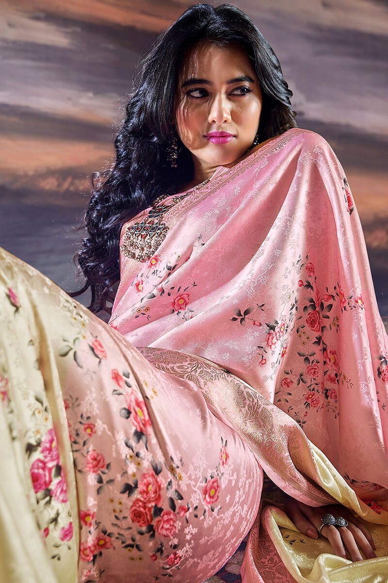 Baby Pink Floral Printed Satin Silk Saree