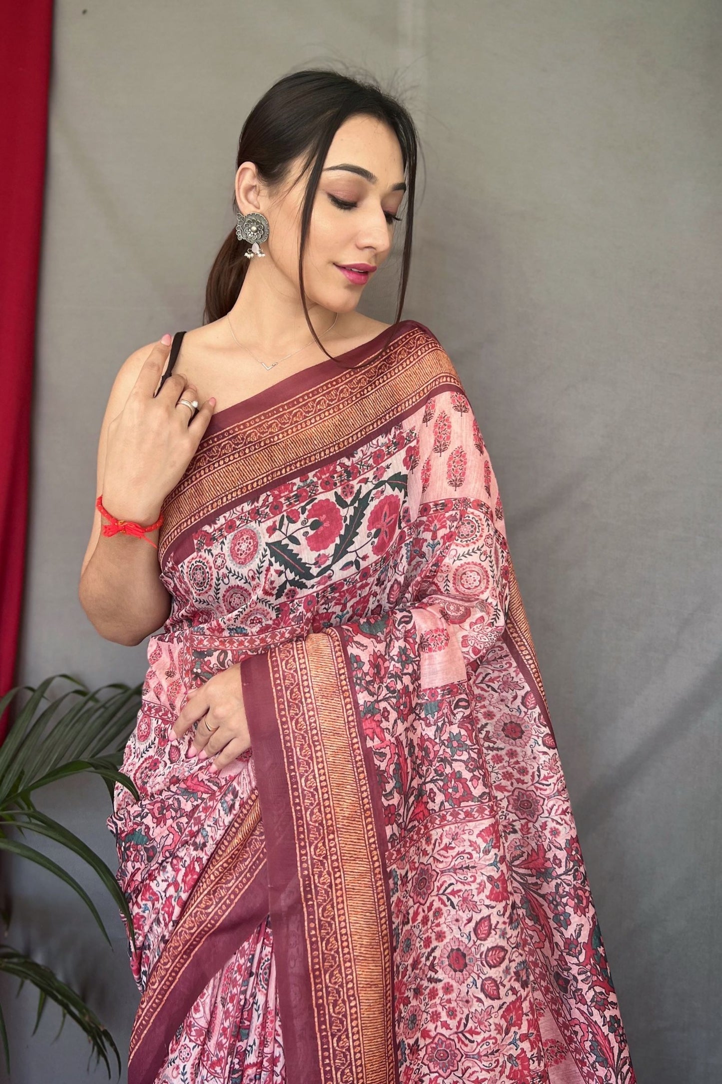 Baby Pink Kashmiri Digital Printed Cotton Saree