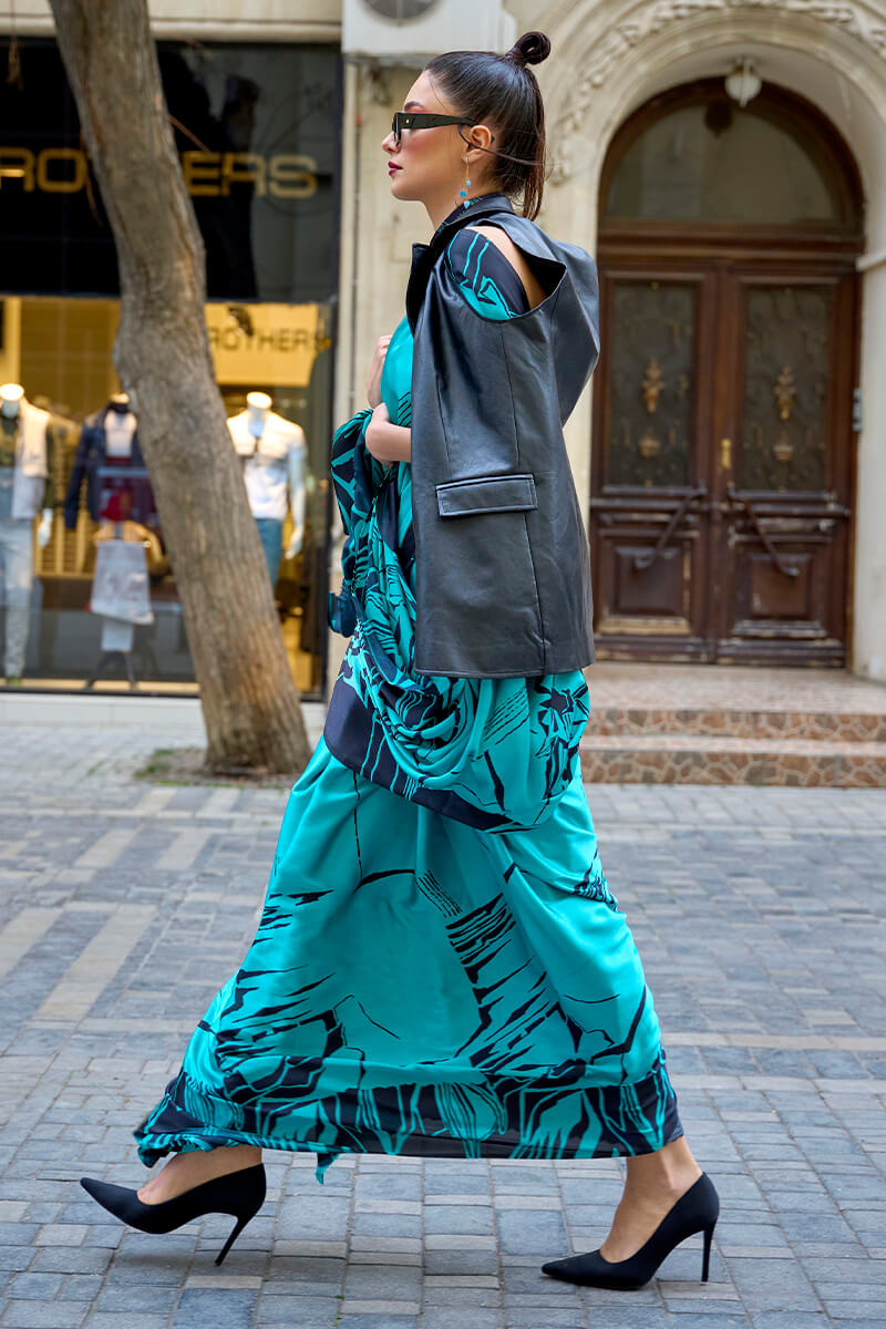 Ball Blue Digital Printed Satin Silk Saree