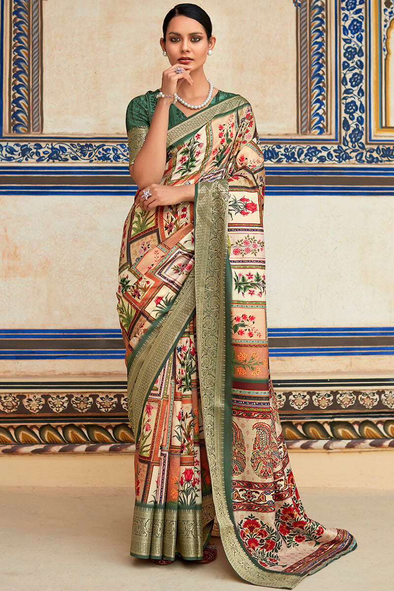 Barley Beige Printed Dola Silk Saree