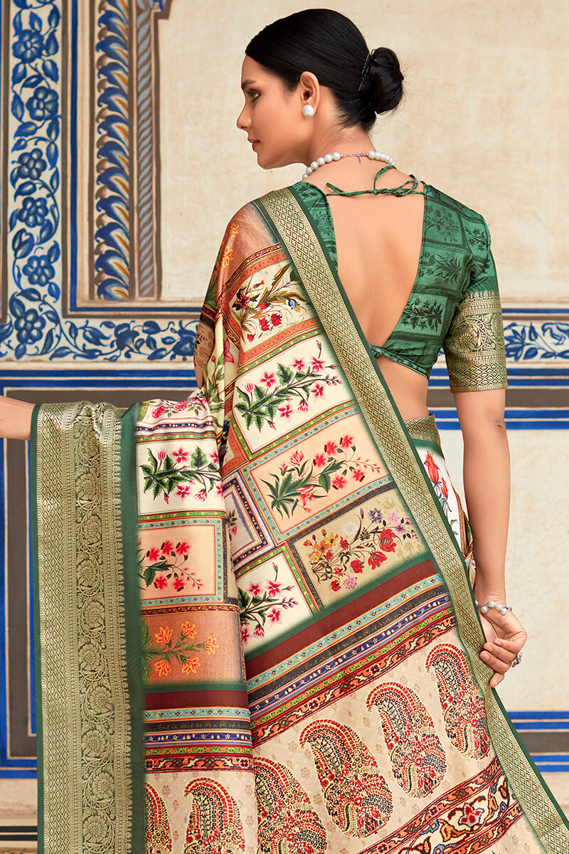 Barley Beige Printed Dola Silk Saree