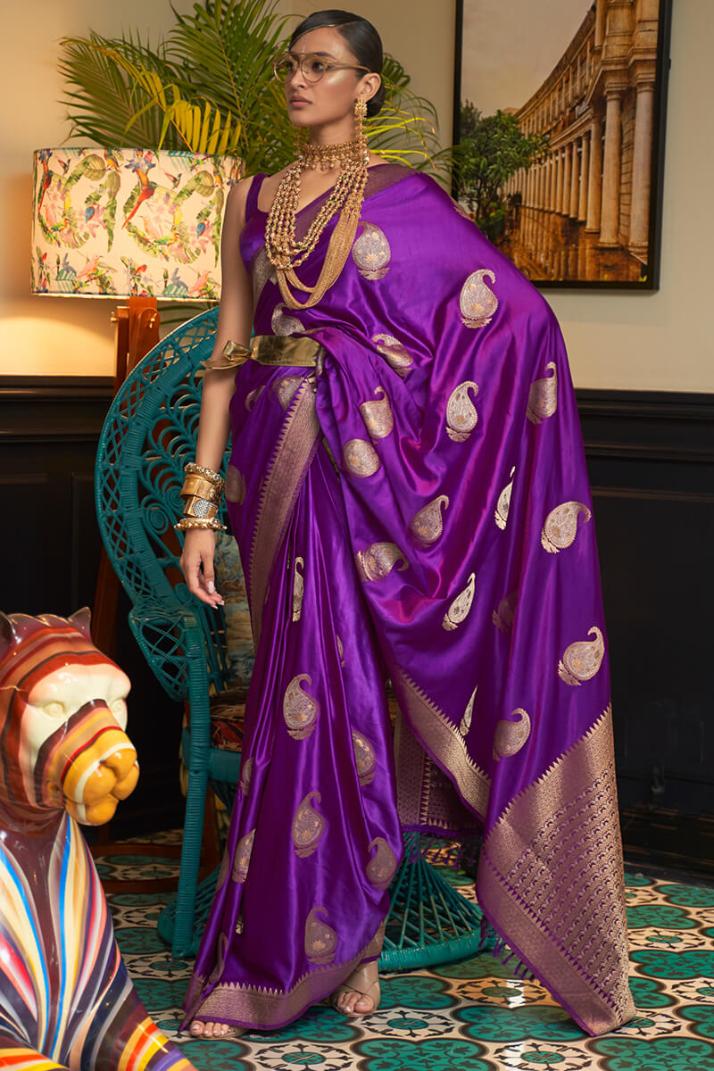 Barney Purple Zari Woven Satin Silk Saree