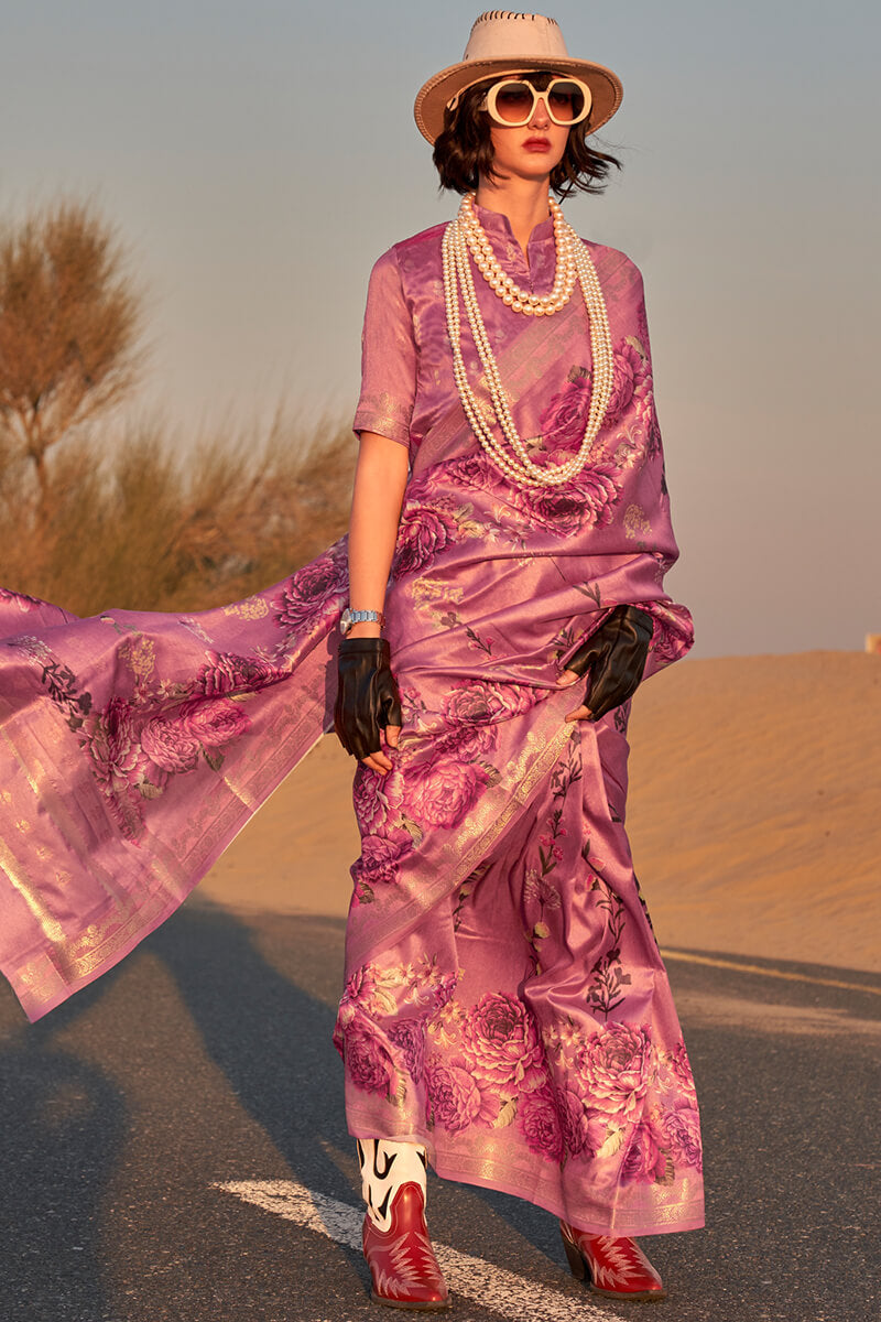 Bashful Pink Printed Tussar Silk Saree