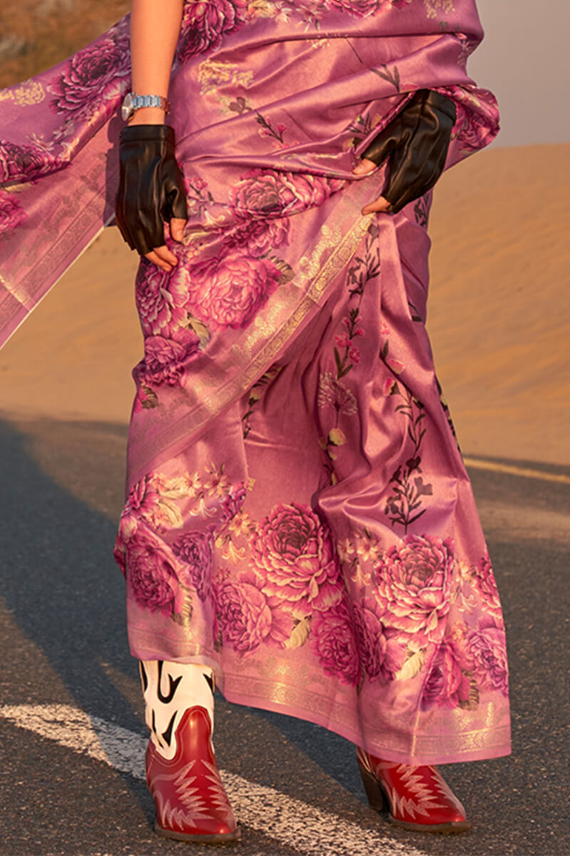 Bashful Pink Printed Tussar Silk Saree