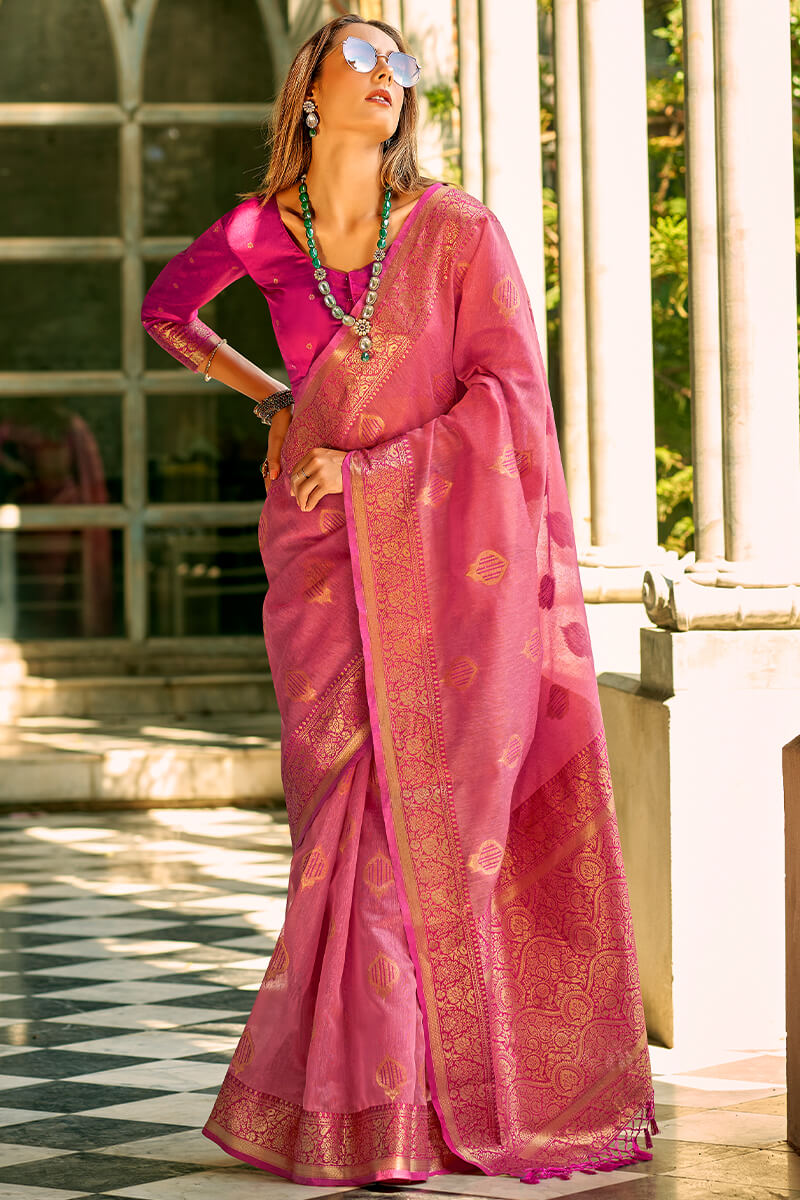 Bashful Pink Zari woven Banarasi Tissue Silk Saree