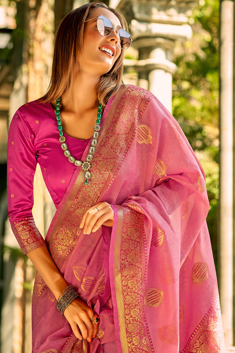 Bashful Pink Zari woven Banarasi Tissue Silk Saree