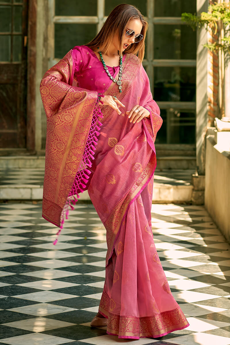 Bashful Pink Zari woven Banarasi Tissue Silk Saree