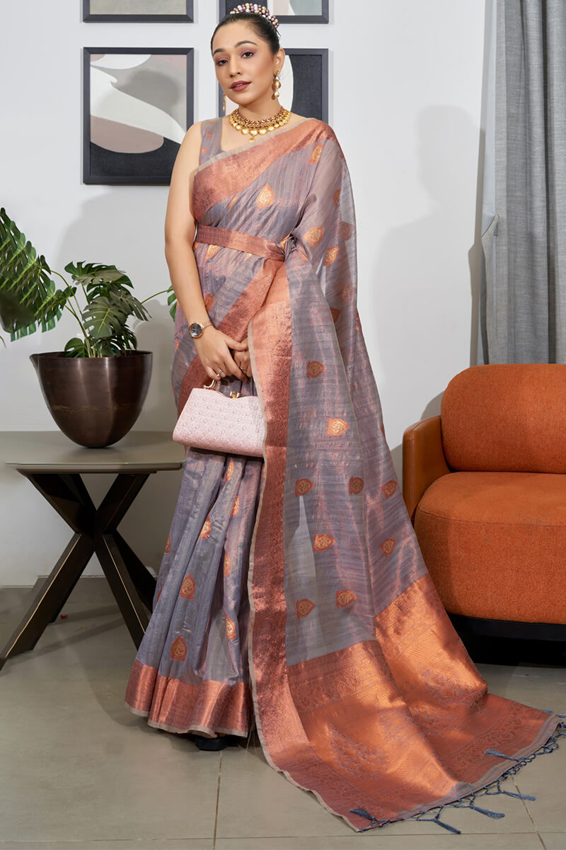 Battleship Grey Banarasi Tissue Silk Saree