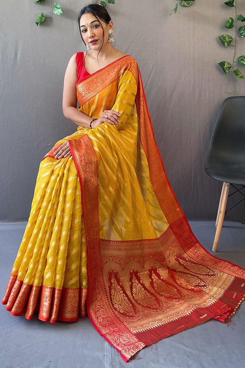 Bee Yellow Zari Woven Organza Silk Saree