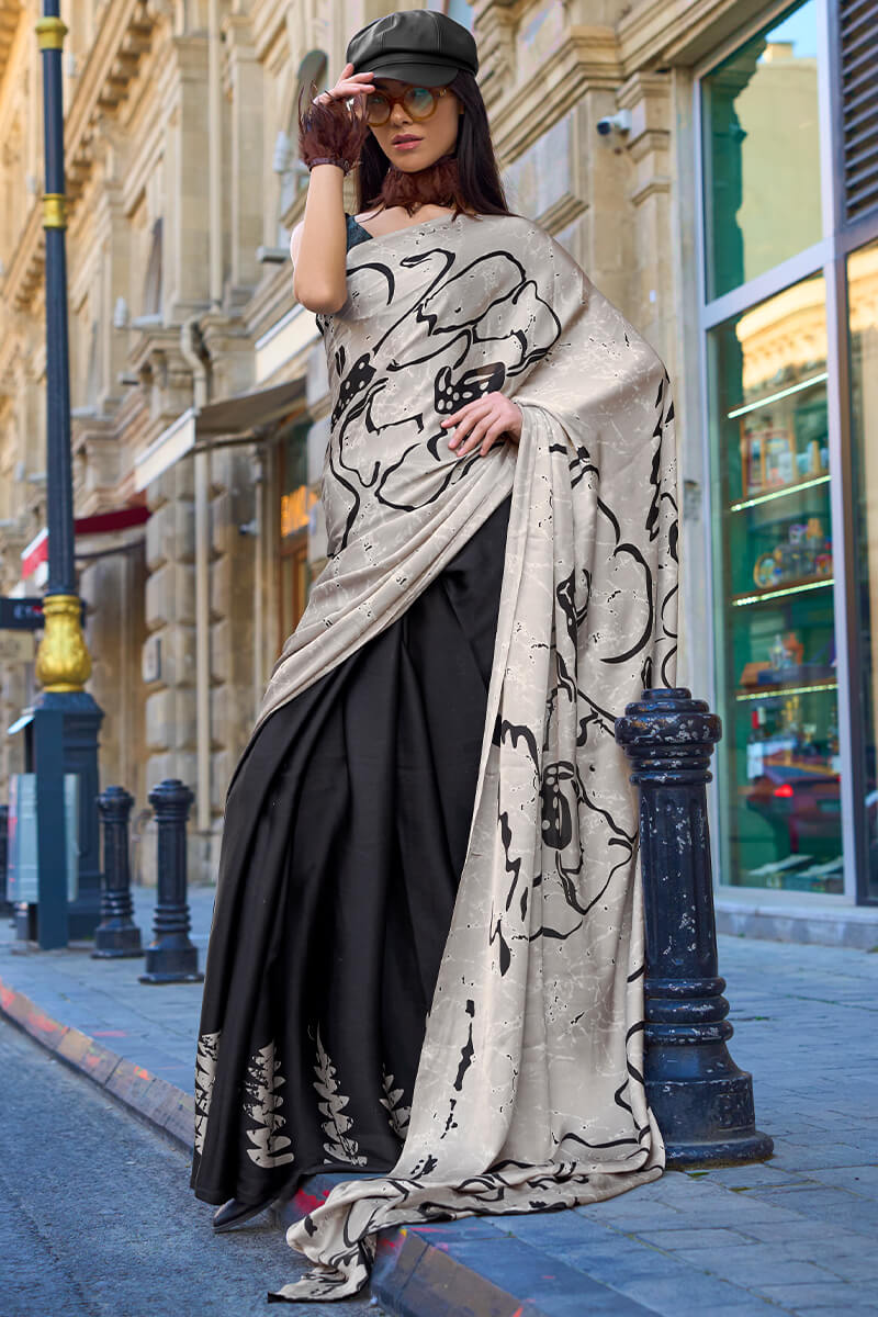 Beige and Black Printed Satin Silk Saree