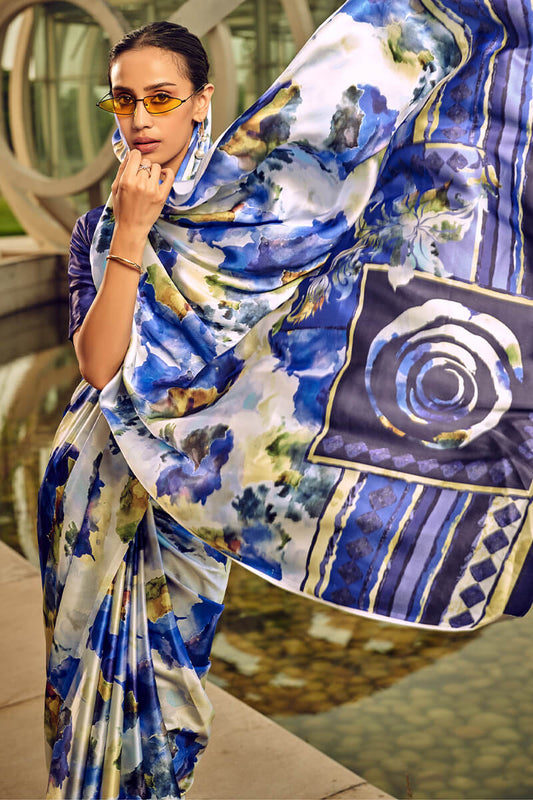 Beige and Blue Printed Satin Silk Saree