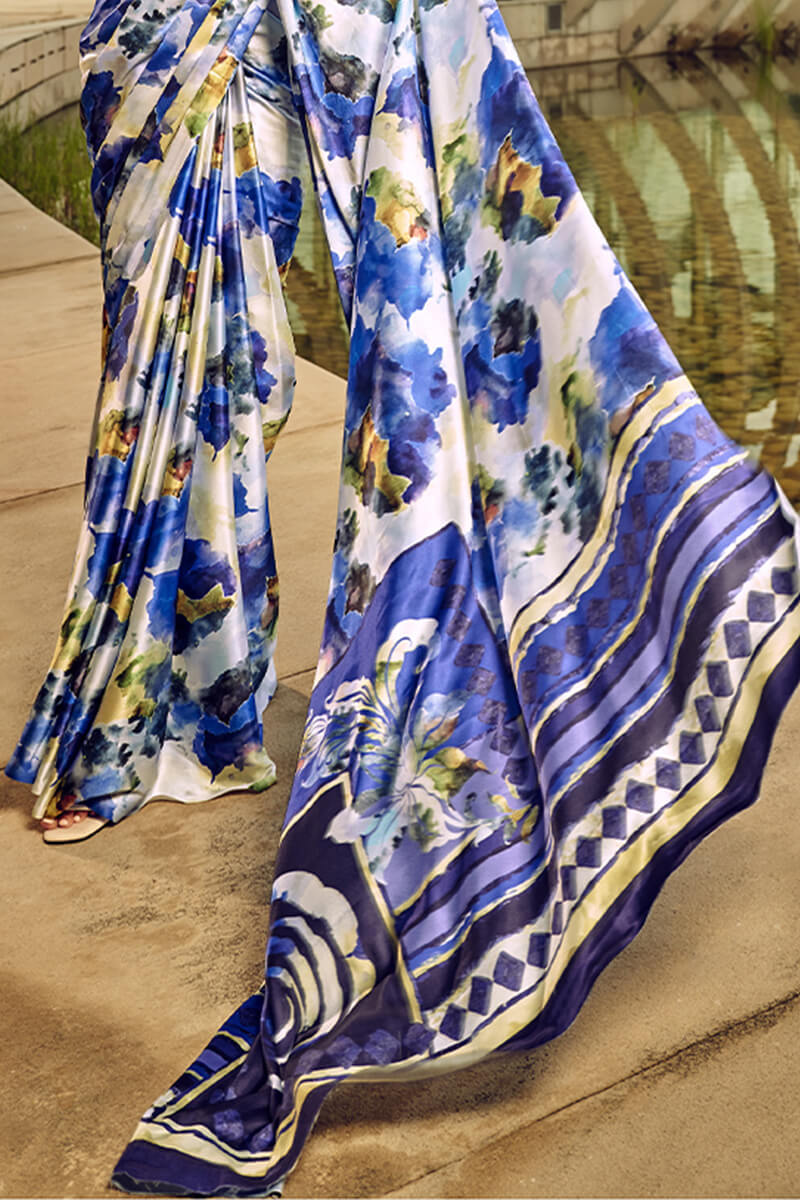 Beige and Blue Printed Satin Silk Saree