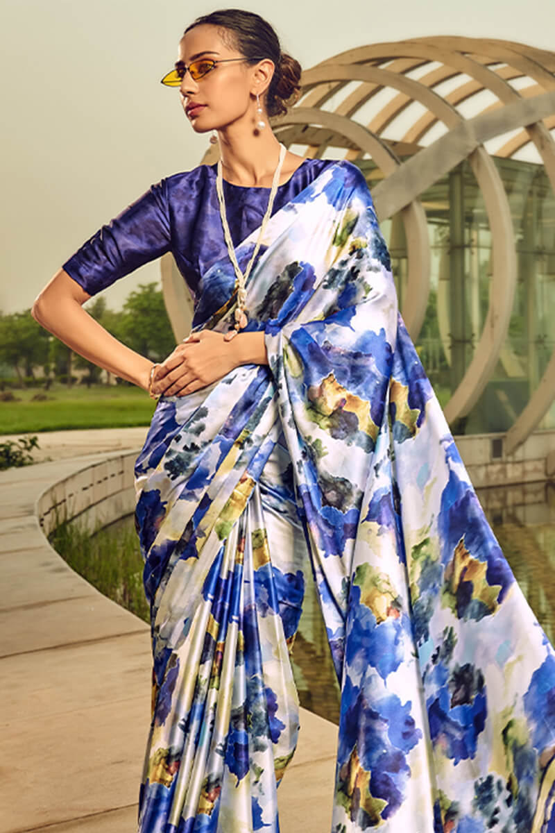 Beige and Blue Printed Satin Silk Saree