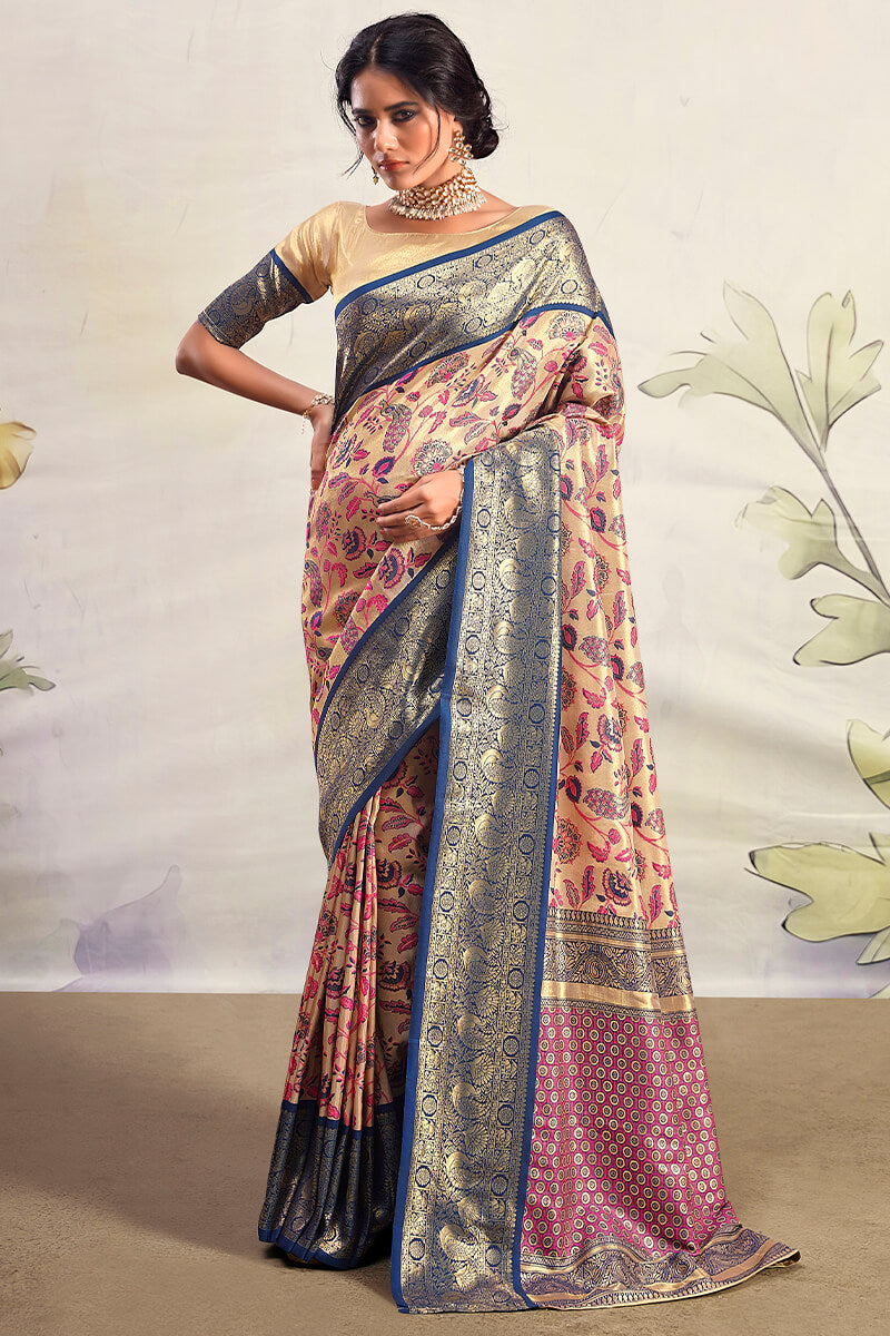 Beige and Blue Zari Woven Banarasi Silk Saree