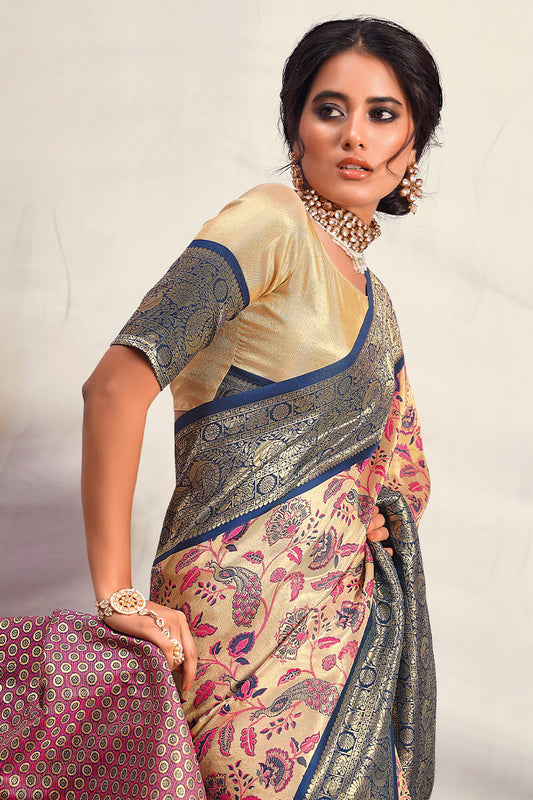 Beige and Blue Zari Woven Banarasi Silk Saree