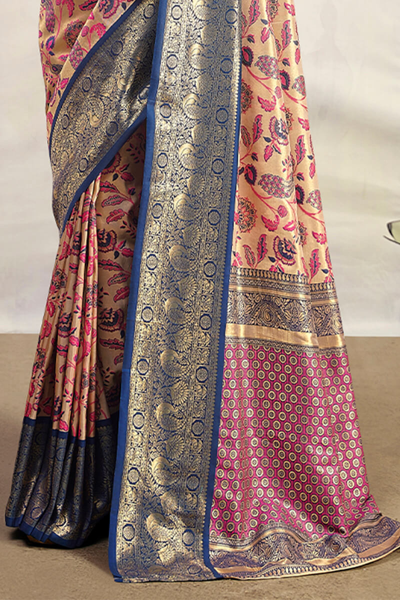 Beige and Blue Zari Woven Banarasi Silk Saree