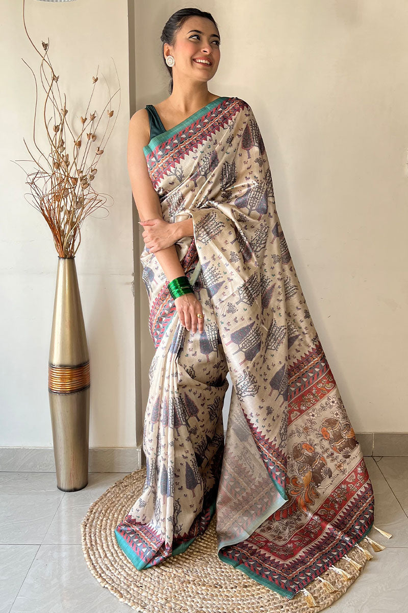 Beige and Green Kalamkari Printed Soft Silk Saree