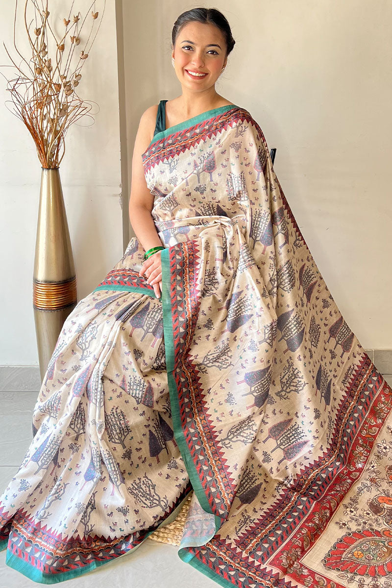 Beige and Green Kalamkari Printed Soft Silk Saree