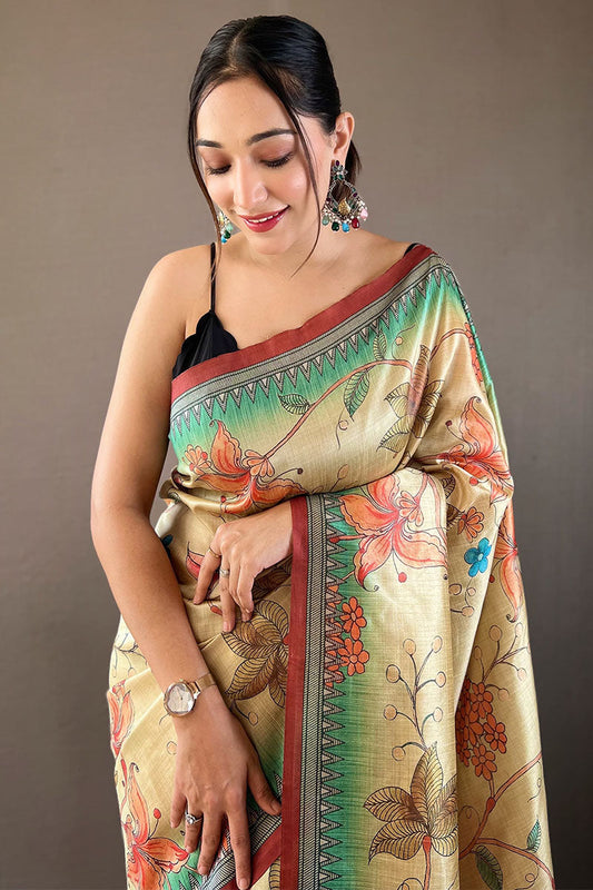 Beige and Green Printed Soft Silk Saree