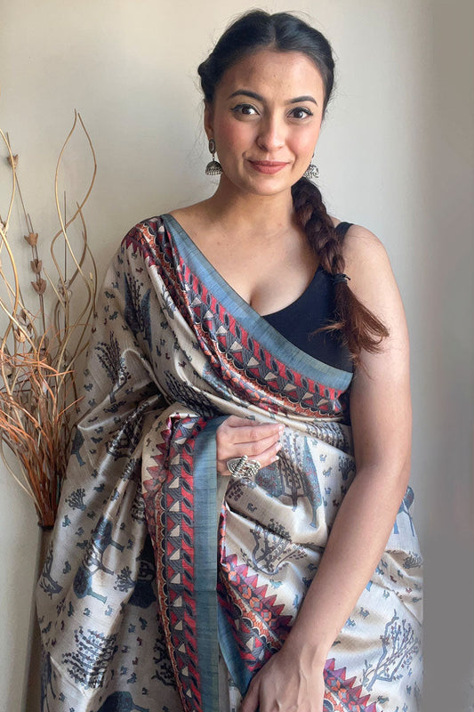 Beige and Grey Kalamkari Printed Soft Silk Saree