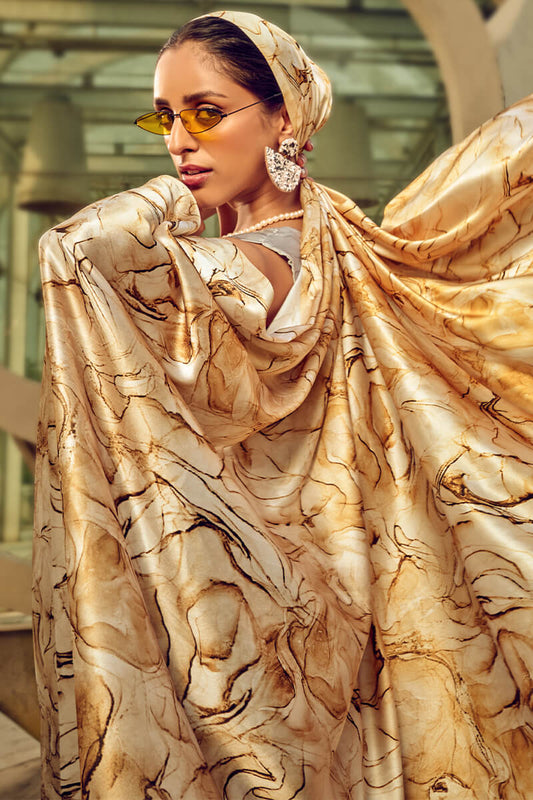 Beige and Grey Printed Satin Silk Saree