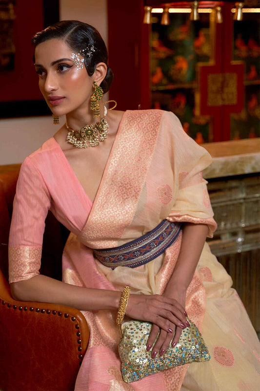 Beige and Pink Linen Silk Saree