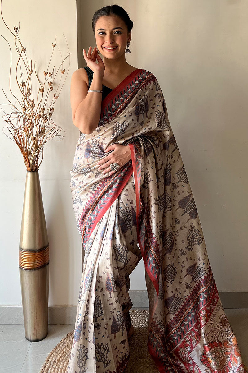 Beige and Red Kalamkari Printed Soft Silk Saree