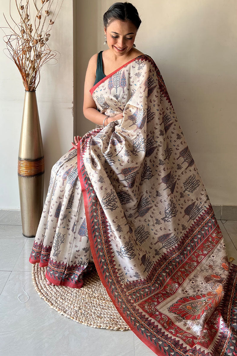 Beige and Red Kalamkari Printed Soft Silk Saree