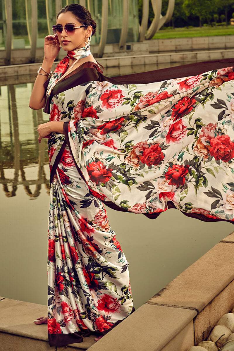 Beige and Red Printed Satin Silk Saree