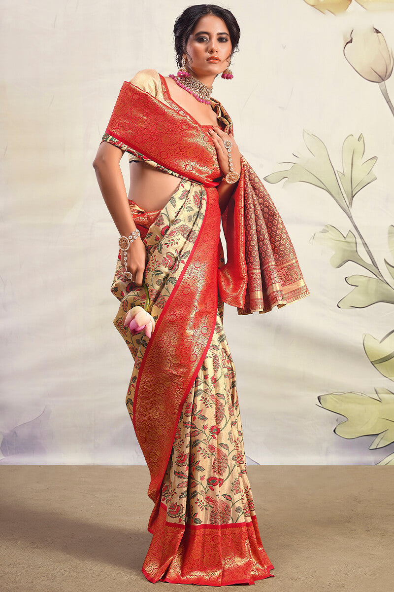 Beige and Red Zari Woven Banarasi Silk Saree