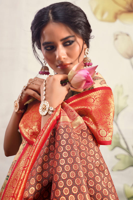 Beige and Red Zari Woven Banarasi Silk Saree