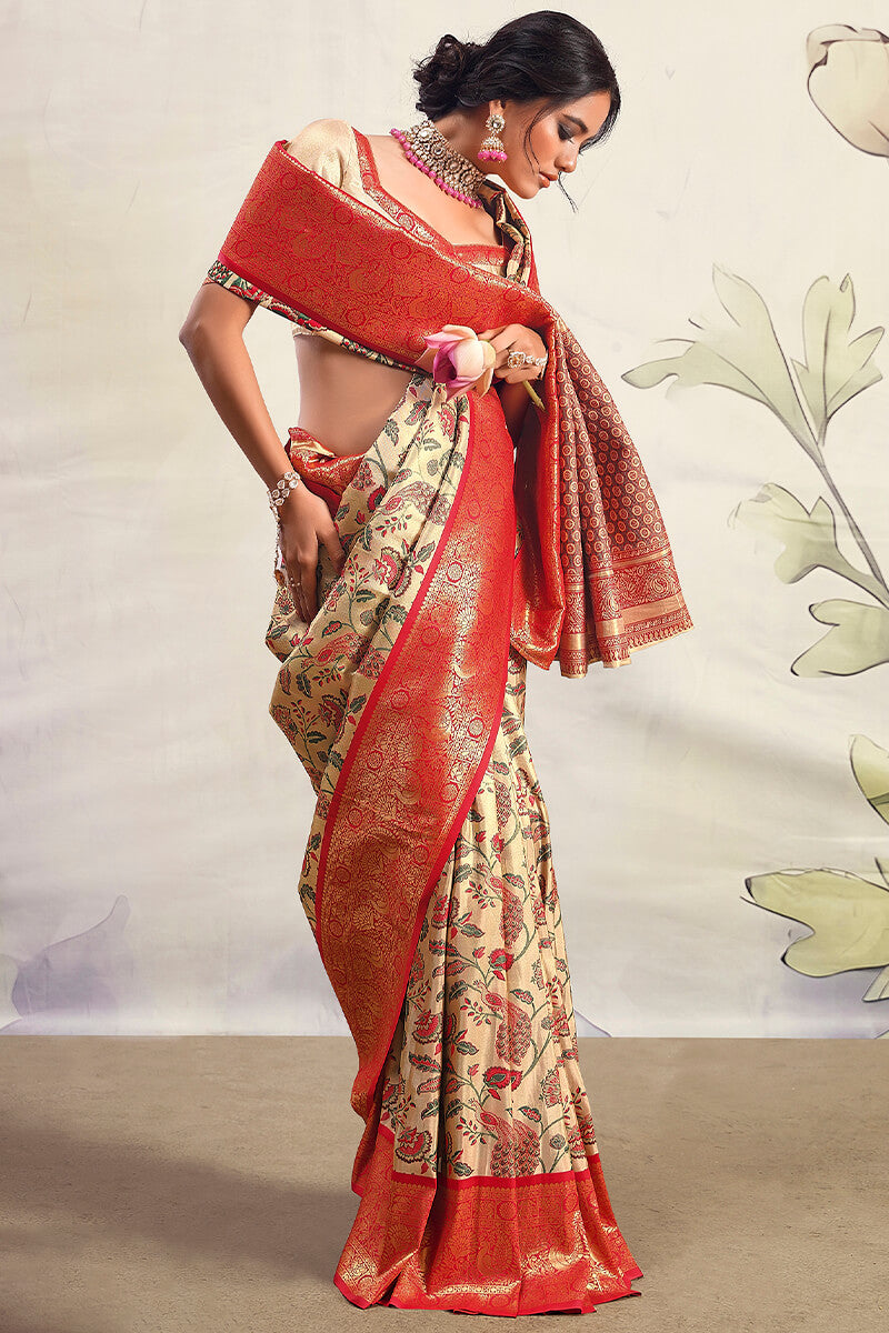 Beige and Red Zari Woven Banarasi Silk Saree