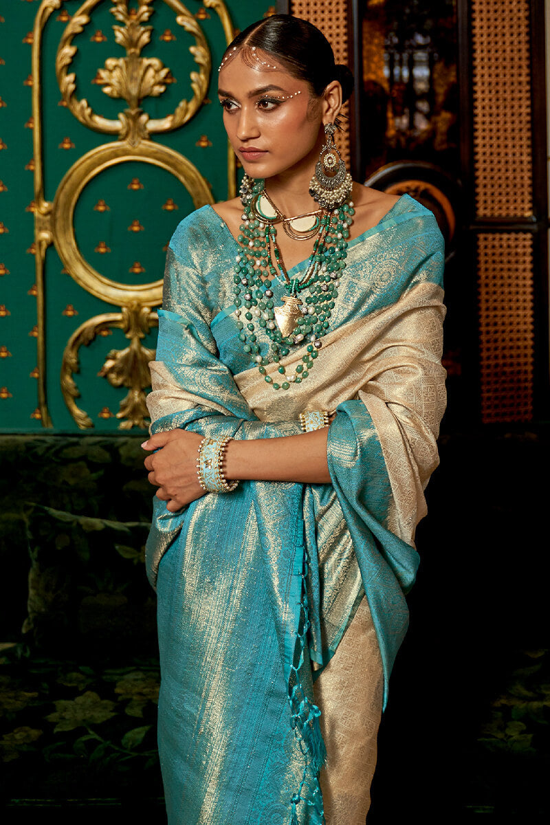 Beige And Sky Blue Kanjivaram Silk Saree