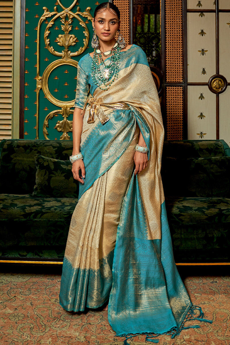 Beige And Sky Blue Kanjivaram Silk Saree