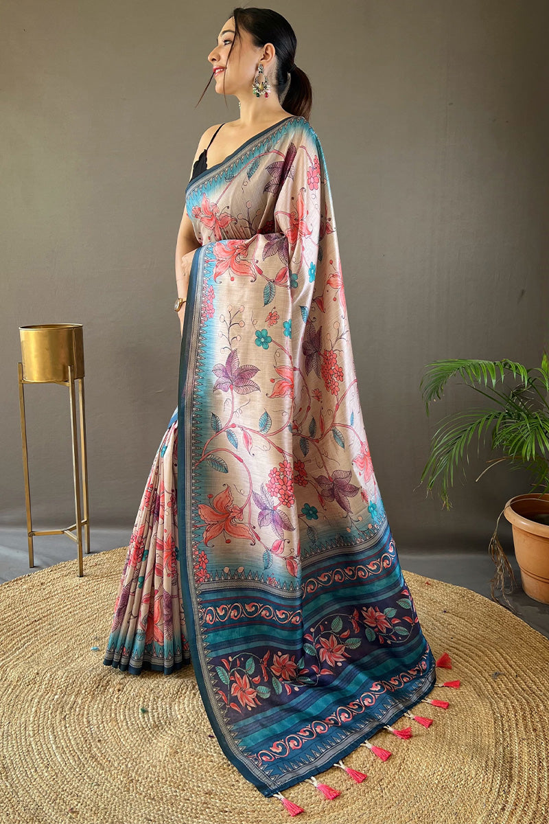 Beige and Sky Printed Soft Silk Saree