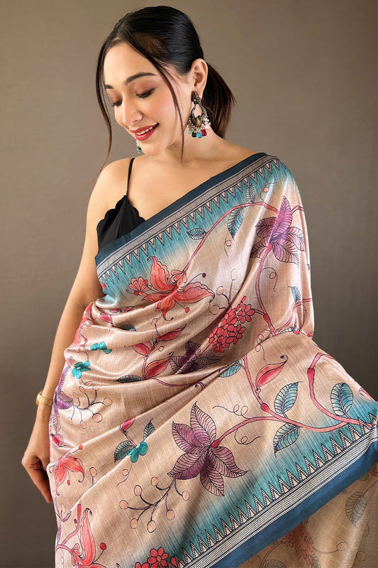 Beige and Sky Printed Soft Silk Saree