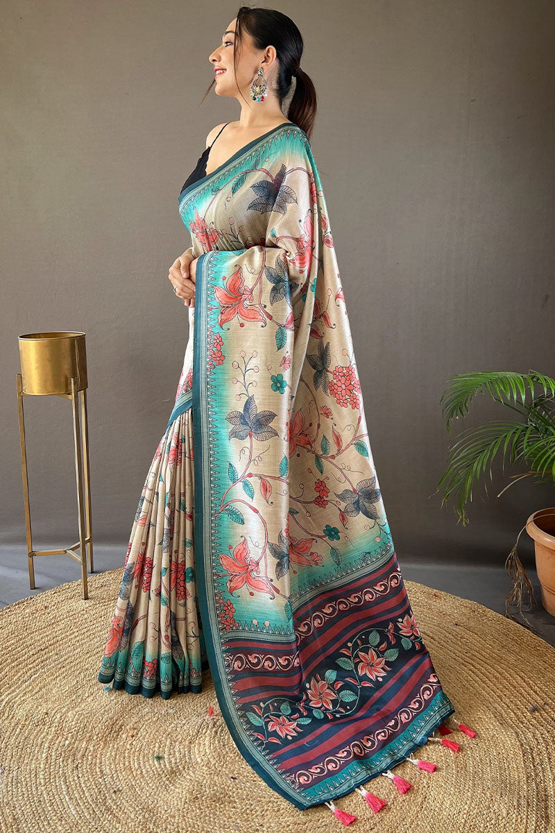 Beige and Turquoise Printed Soft Silk Saree