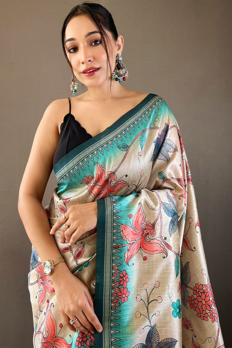 Beige and Turquoise Printed Soft Silk Saree