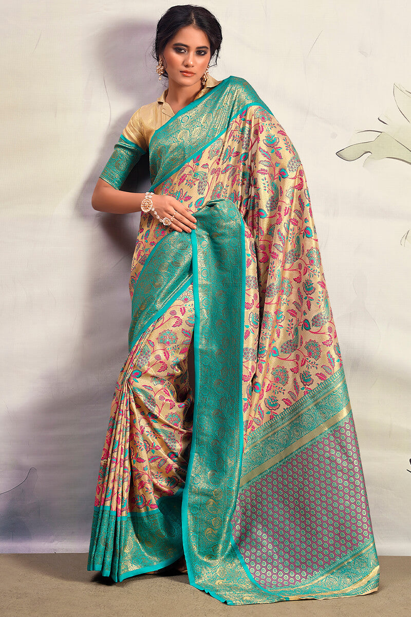 Beige and Turquoise Zari Woven Banarasi Silk Saree